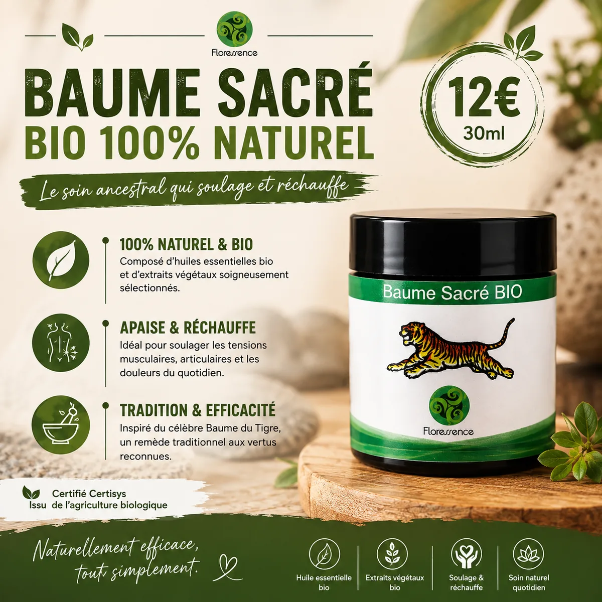 Baume Sacré Bio — Pot de 30 ml, 12 €